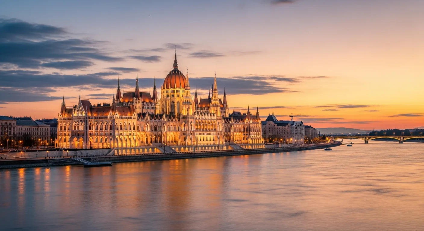 Le Parlement de Budapest au bord du Danube, au coucher du soleil
